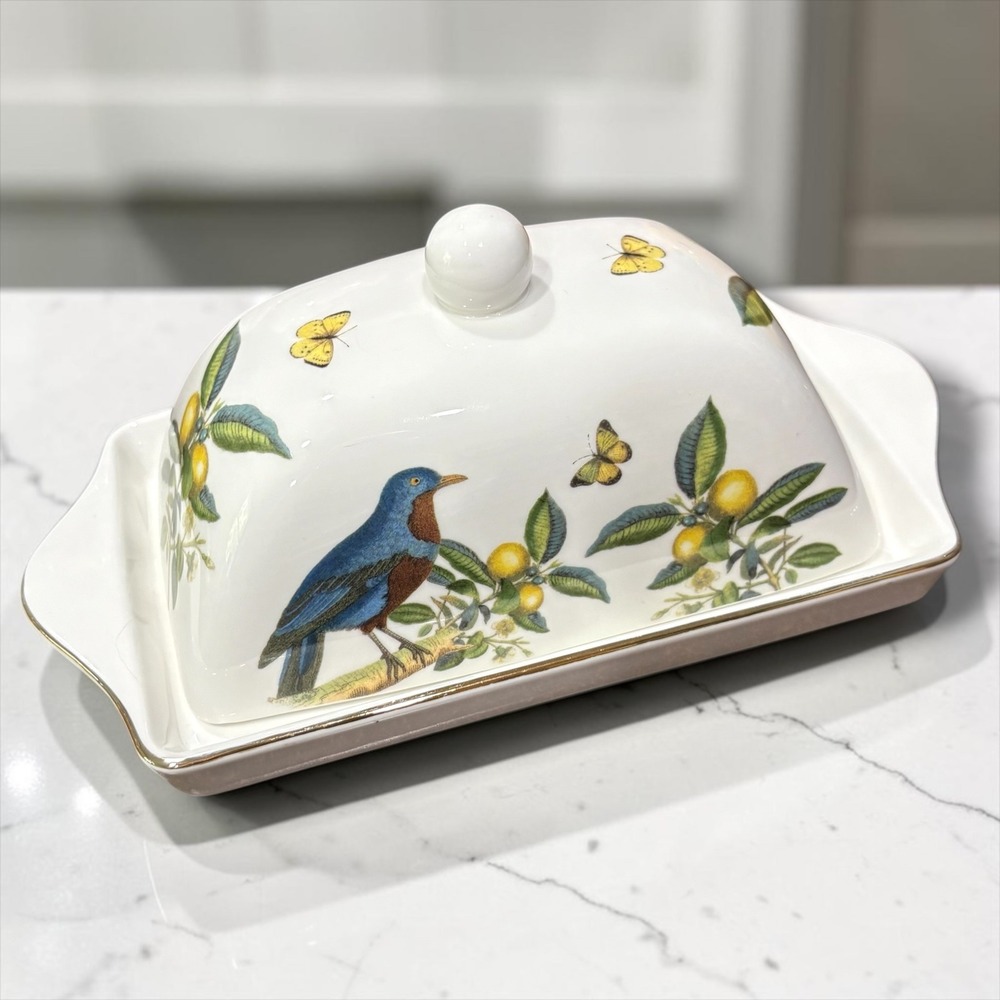 Grace Teaware Porcelain Butter Dish Blue Bird Butterfly Citrus Gold Trim